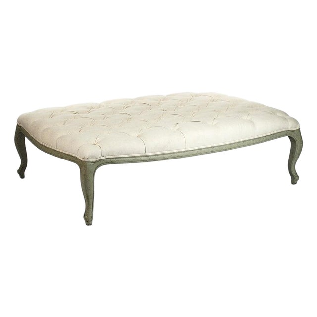 Maison Tufted Ottoman with Cabriole Legs - Ivory Linen / Sage Green Painted Frame For Sale