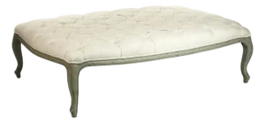 Maison Tufted Ottoman with Cabriole Legs - Ivory Linen / Sage Green Painted Frame