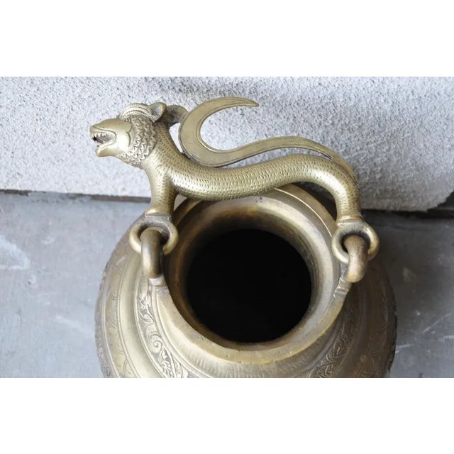 Brass Antique Indian or Sri Lankan Brass Ceremonial Temple Water Vessel With Relief Art and Leopard Form Handle For Sale - Image 8 of 12
