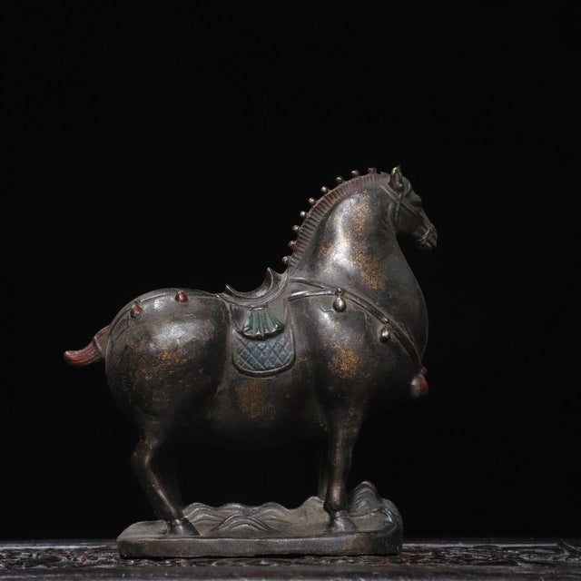 Vintage Gilt Bronze Tang-Style Horse Figure – Scholar's Desk Ornament For Sale - Image 4 of 9