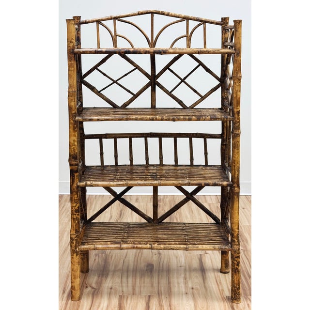 Mid 20th Century Vintage Four Tier Scorched Bamboo Etagere Shelf For Sale - Image 5 of 8