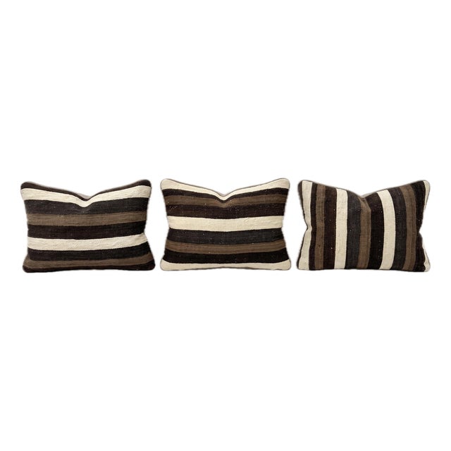 Brown Striped Kilim Pillow Cover 16'' X 24'' - Set of Three For Sale