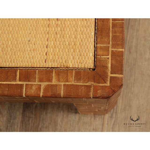 Mid-Century Modern Mid Century Modern Wooden Block Carved Tile Parsons Coffee Table with Wicker Top For Sale - Image 3 of 13