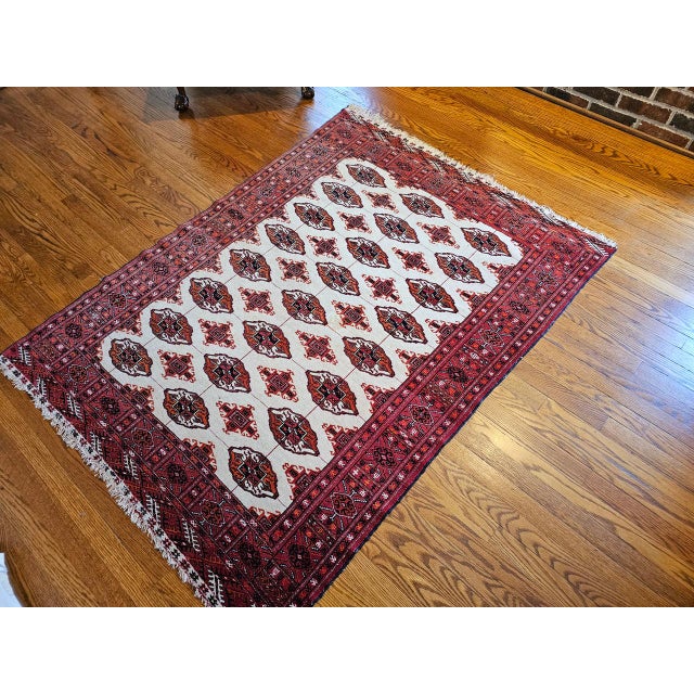 Textile Vintage Turkmen Area Rug in All Over Geometric Pattern in Ivory, Red, Black For Sale - Image 7 of 10