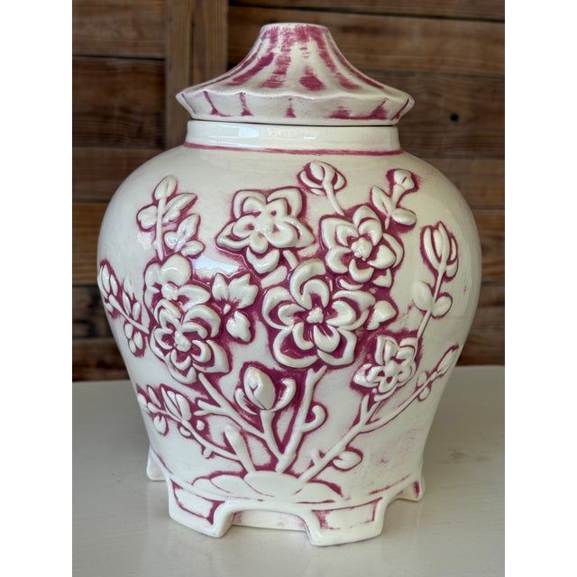 Vintage Chinoiserie Handmade Ceramic Pagoda Lidded Jar With Raised Floral Motif For Sale - Image 11 of 11