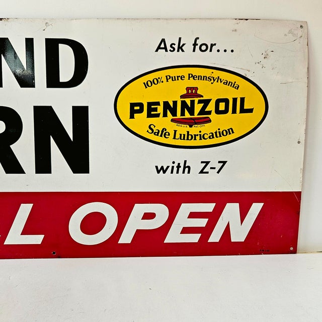 Mid-Century Modern Vintage 1969 Pennzoil "Sound Horn We'll Open" Metal Gas Station Sign For Sale - Image 3 of 11