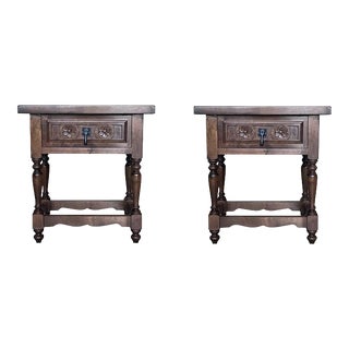 20th Pair of Large Spanish Nightstands or Low Console Tables With Drawer For Sale