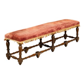 Italian 1820s Walnut Bench with Red Fabric, Turned Legs and Stretchers For Sale