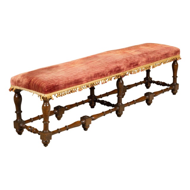 Italian 1820s Walnut Bench with Red Fabric, Turned Legs and Stretchers For Sale