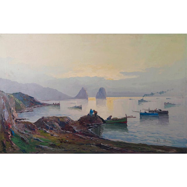 Mid 20th Century Italian Coastal Landscape "Lagoon" Original Oil Painting Signed Bruno Di Maio For Sale