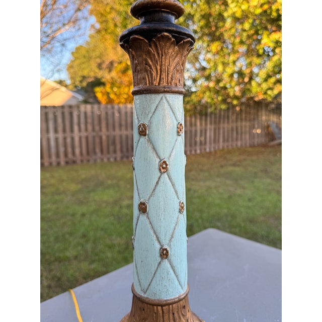 Aqua Vintage 1980s Italian Ceramic & Wood Gilt & Aqua Neoclassical-Style Empire Table Lamps For Sale - Image 8 of 18