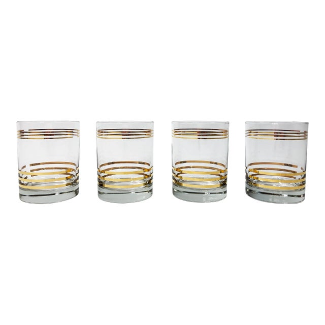 Vintage Mid Century Modern Style Gold Banded Lowball Glasses, Set of 4 For Sale