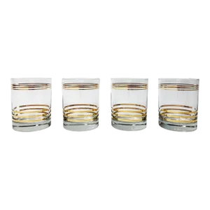 Vintage Mid Century Modern Style Gold Banded Lowball Glasses, Set of 4