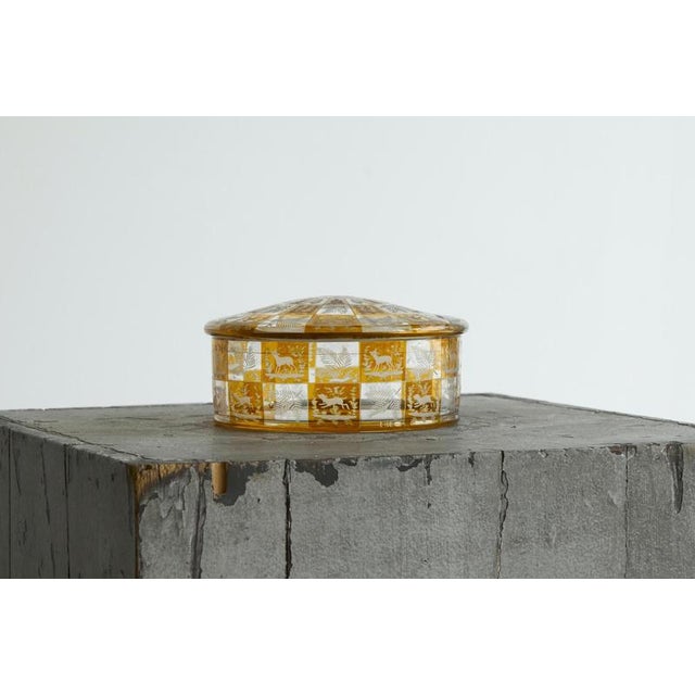 Art Deco 'Carousel' Style Lidded Box in Etched Glass Early 20th Century A wonderful art deco box in glass with etched...