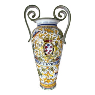 Mid 20th Century Hand-Painted Italian Majolica Ceramic Amphora Floor Vase With Caffagiolo Pattern For Sale