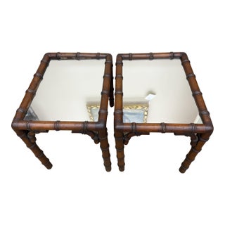 1970s Vintage Italian Faux Bamboo Side Tables With Mirrored Glass Surfaces, a Pair For Sale