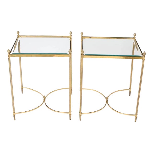 Pair of Regency Style Brass and Glass Square Side Tables For Sale