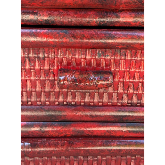 Wood Vintage Bamboo & Rattan Vermillion Red Faux Tortoise Shell Side Table - Newly Painted For Sale - Image 7 of 11
