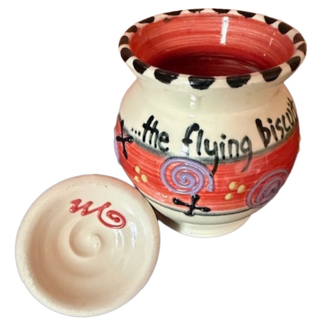 Vintage Signed "...The Flying Biscuit Cafe" Signed "...Polly Made Me..." Handpainted Ceramic Pottery Jar by 1990's Artist PollyAnne. For Sale - Image 4 of 8