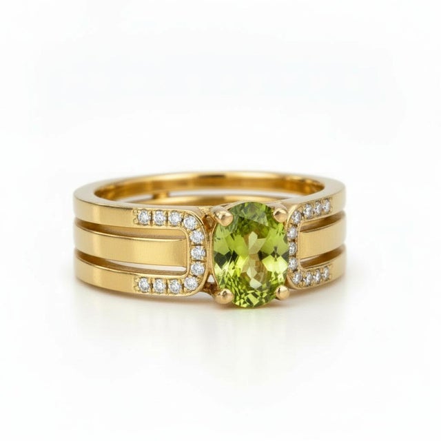 Split Shank Oval Peridot Engagement Silver, Gold Ring, Size 9.5 For Sale - Image 6 of 7