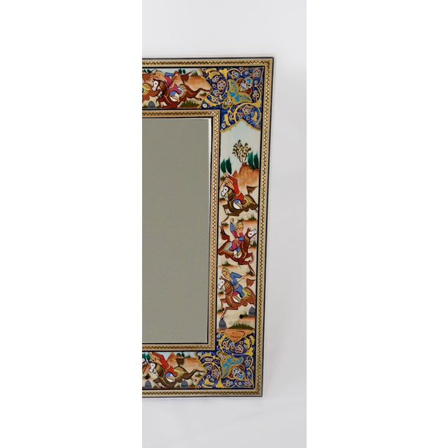 Hollywood Regency Hand-Painted Polo Scene Mirror, Indigo Persian Miniature Style Frame For Sale - Image 3 of 4
