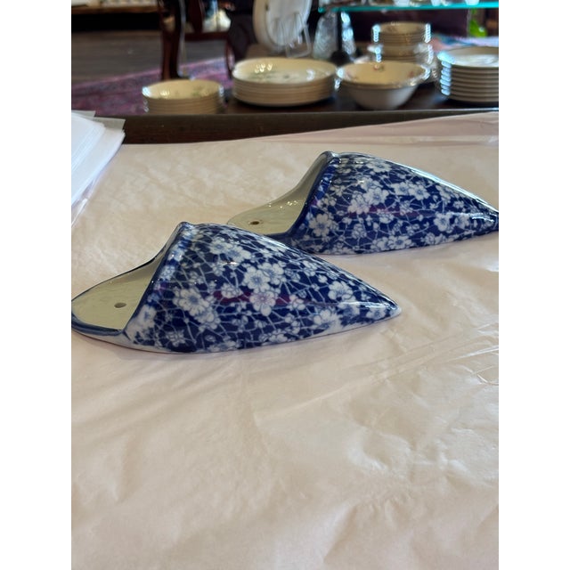 Ceramic Pair of Blue and White Glazed Ceramic Floral Wall Pockets For Sale - Image 7 of 10