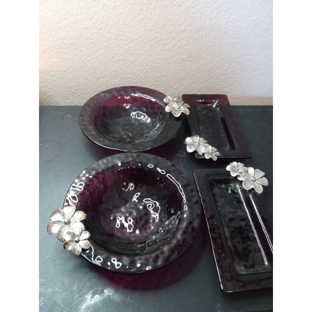 Glass Gorgeous 4 Pc Amethyst Bubble Glass Bowls & Plates W/ Floral Accents For Sale - Image 7 of 7