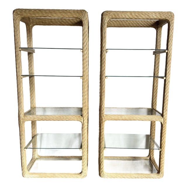 Vintage Boho Chic Twisted Wicker Etageres - A Pair For Sale