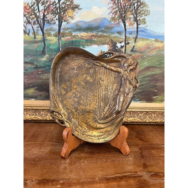 Art Nouveau 1970s Art Nouveau Shallow Possibly Brass Dish, Woman With Harp For Sale - Image 3 of 8