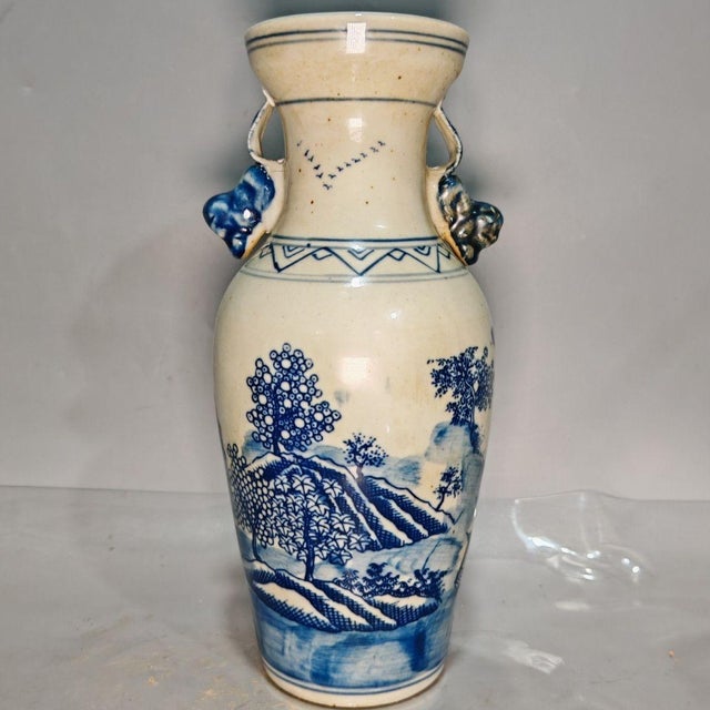 Blue and White Porcelain Vases With Landscape Motif - Set of 2 For Sale - Image 4 of 10