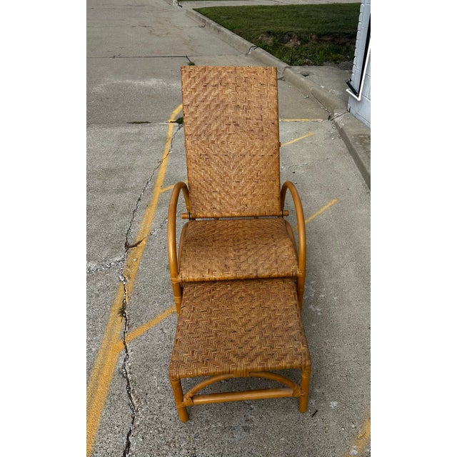 Tan Vintage Reclining Rattan Bamboo Chaise Lounge With Footrest For Sale - Image 8 of 12