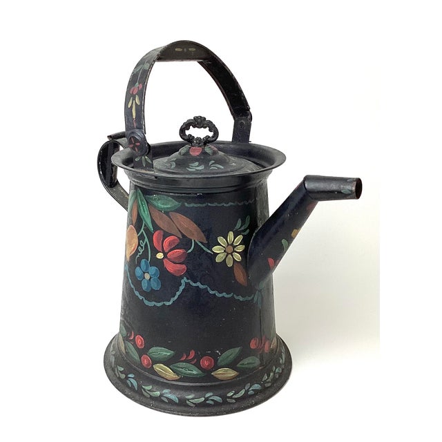 Large Antique Black Hand Painted Toleware Coffee Pot. 17 inches tall with handle in the upgrade position 14 inches tall in...