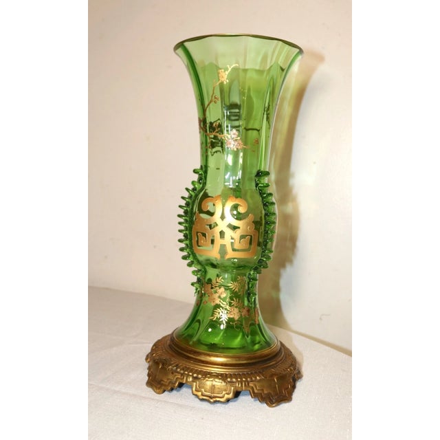 Antique Hand Blown Bronze Mounted Gold Gilt Green Bohemian Czech Art Glass Vase For Sale - Image 9 of 12