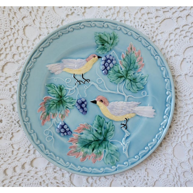 Vintage majolica birds plate in Tiffany blue. Made in Germany and measuring 7 3/4". Stunning colors and glaze make this...