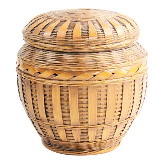 Vintage Mid-Century People's Rupublic of China Shanghai Handicrafts Rattan & Pottery Lidded Basket For Sale
