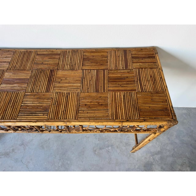 Hollywood Regency Vintage Bamboo & Leather Chinese Chippendale Fretwork Console Table With Parquet Top/Sold For Sale - Image 3 of 12