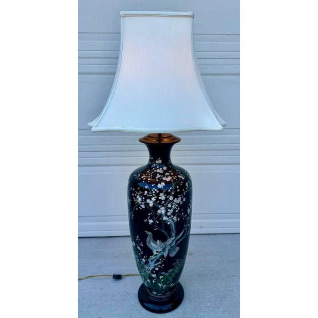 Late 19th Century Huge Meiji Japanese Cloisonné Black Ground Bird & Blossom Tall Table Lamp 40" For Sale - Image 13 of 18