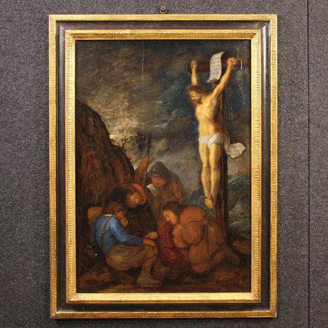 Unknown, Crucifixion with Soldiers, 1650, Oil on Panel, Framed For Sale - Image 16 of 16