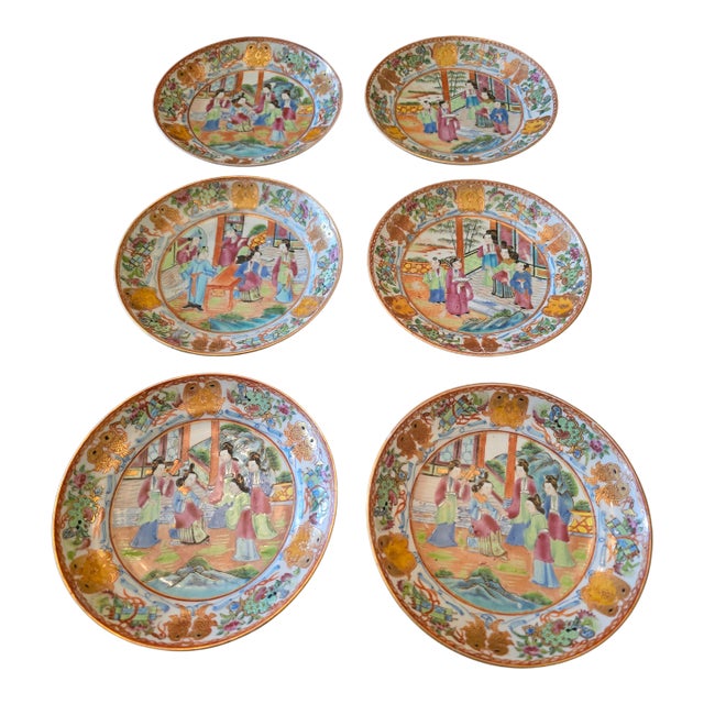 Antique Chinese Porcelain Mandarin Rose Canton Set Plates For Sale