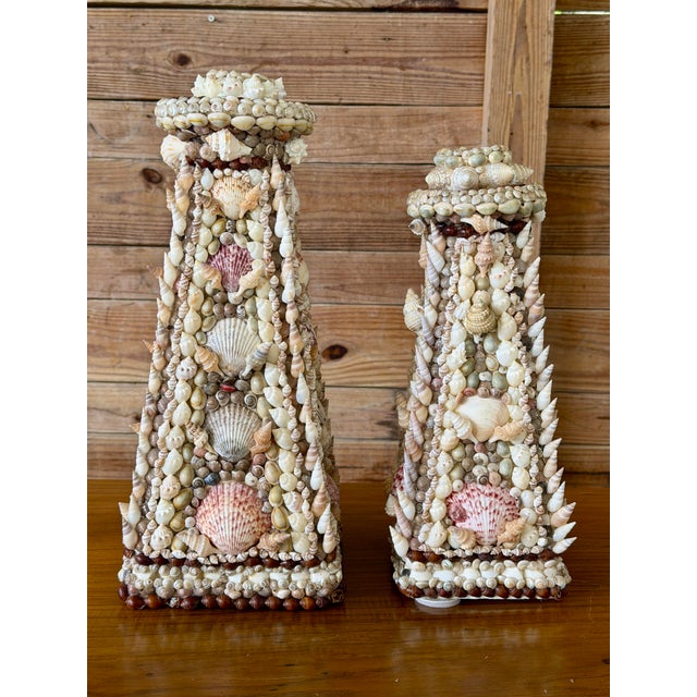 Vintage Handcrafted Coastal Seashell Encrusted Plaster Obelisk Candleholders, Pair For Sale - Image 10 of 12