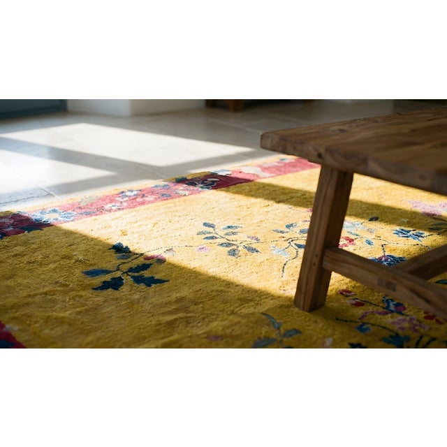 1920s Canary Yellow Floral Sprays Antique Chinese Art Deco Carpet 6'2" X 8'8" Knotted Wool Rug For Sale - Image 12 of 12