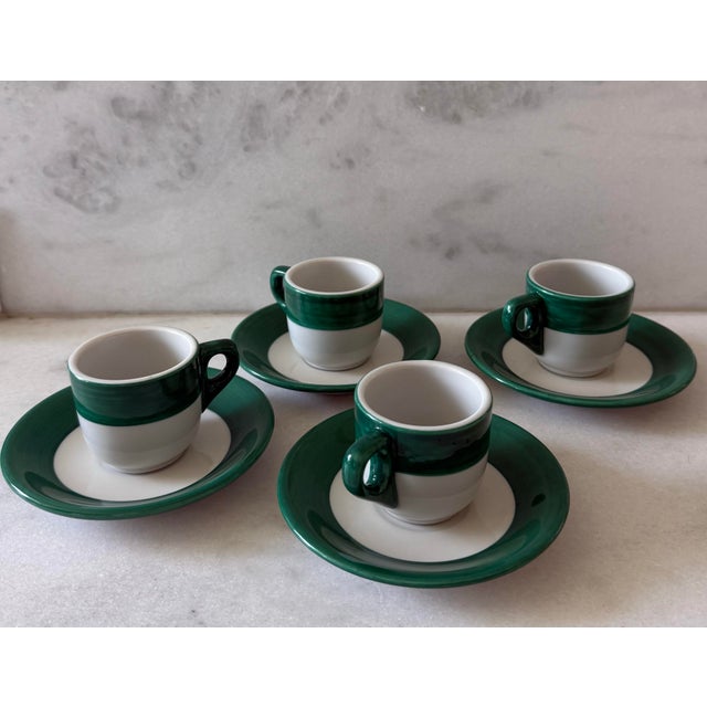 Set of 4 green and white espresso cups and saucers made in California by Shenango China. Shenango was one of the leading...