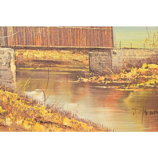 Original Artist Signed Oil Painting on Canvas Rural Landscape of "Covered Bridge" in Carved Walnut and Woven Rattan Frame For Sale In South Bend - Image 6 of 14