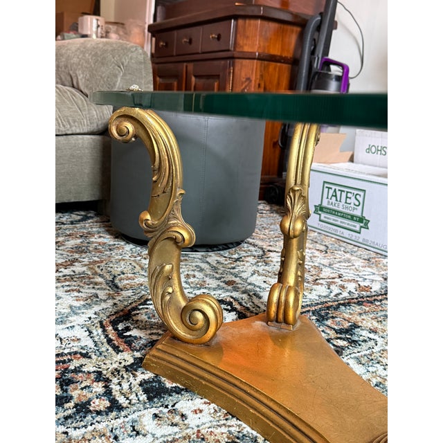 Gold 1950s Attributed to Weiman Heritage Wood Gold Leaf & Beveled Glass Coffee Table For Sale - Image 8 of 11