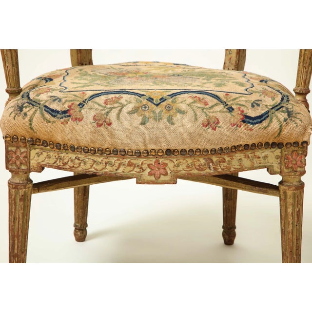Wood Pair of Continental Painted Armchairs With Needlework Seats For Sale - Image 7 of 13