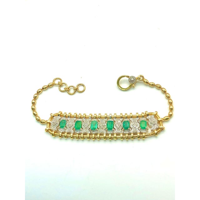 Emerald Bochic "Vintage Retro" Diamonds & Emeralds Bracelet Set In 18K Gold & Silver For Sale - Image 8 of 18