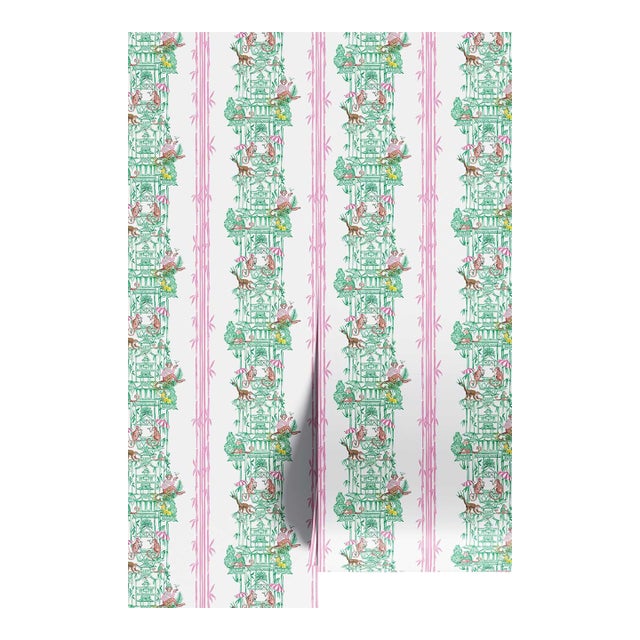 Chinoiserie Shenanigans Toile Grasscloth Wallpaper by House Party | Bamboo Grove Green | 8 Yards For Sale
