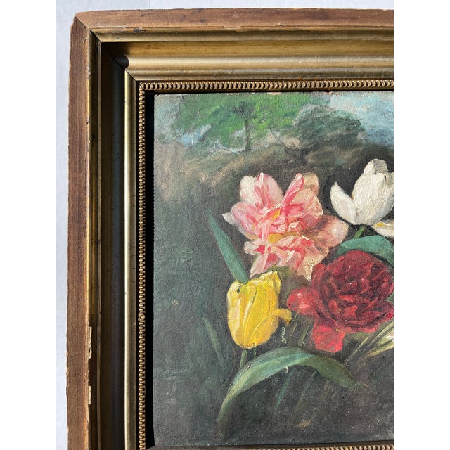 A single original rectangular oil on board painting featuring colorful flowers and tulips against a landscape background....