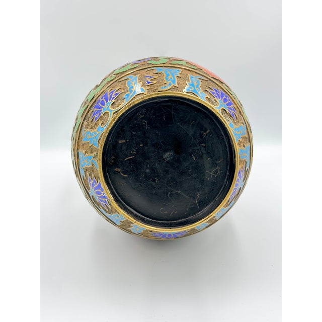 Art Deco Antique Japanese Bronze Champleve Enamel Cloisonne Temple Vessel Vase Urn For Sale - Image 3 of 6