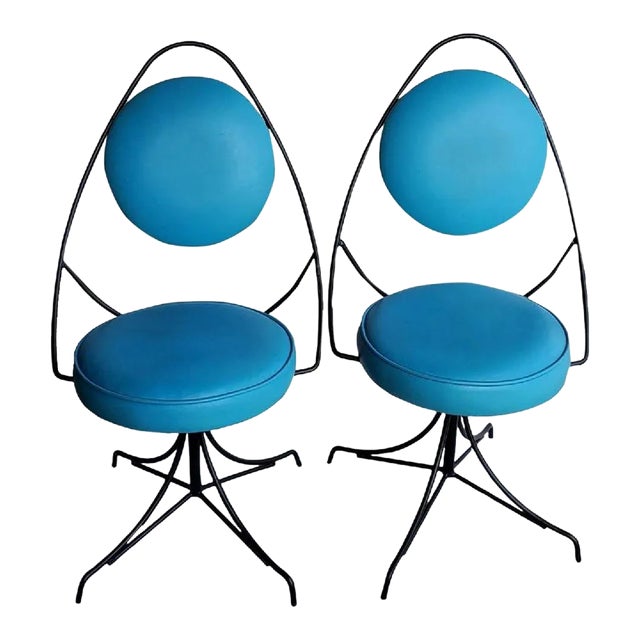 1950s Black and Blue Swivel Side Chairs Styled After John Risley - Set of 2 For Sale